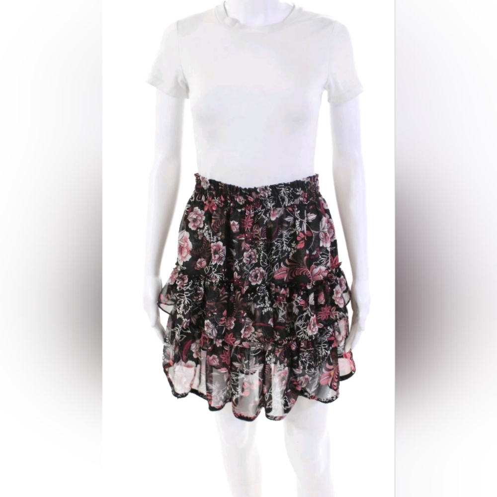 Misa Los Angeles Black Floral Ruffle Skater Skirt with Pink Accents L NWT